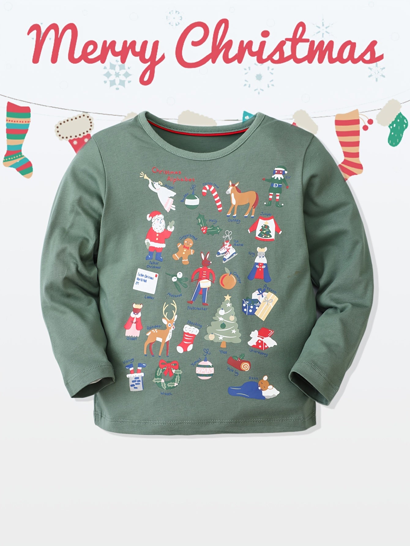 Christmas Print Boys T-shirt Long Sleeve Crew Neck Holiday Clothes