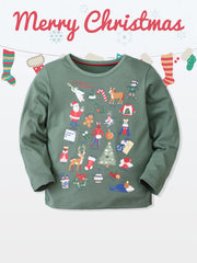 Christmas Print Boys T-shirt Long Sleeve Crew Neck Holiday Clothes