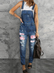 Retro Denim Overall Women's Plus Floral Patched Ripped Straight Leg