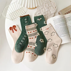 5 Pairs Women's Retro Bowknot Mid Tube Socks