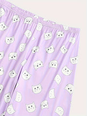 Cat Print Pajama Set Round Neck Top & Pants