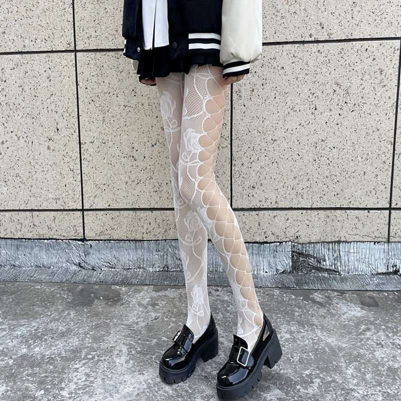 Floral Jacquard Fishnet Tights High Waist Mesh Pantyhose Stockings