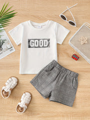 2pcs Baby Boys Round Neck T shirt & Plaid Shorts Set