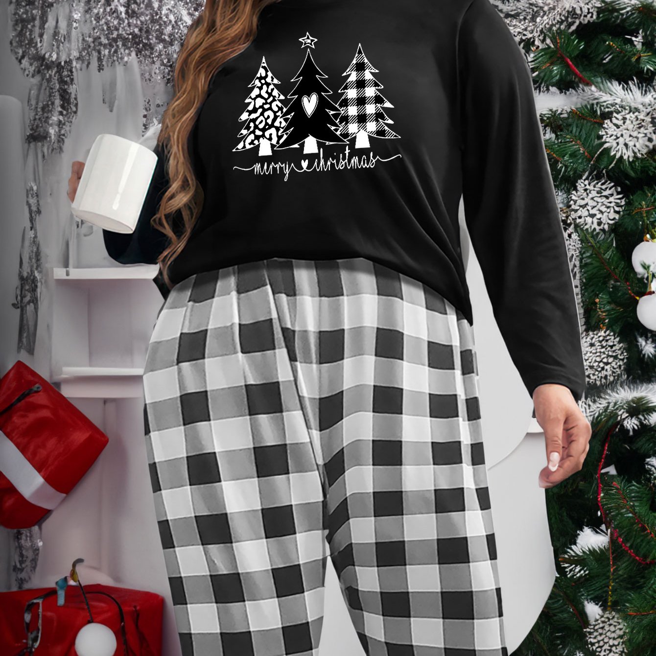 Christmas Loungewear Set Leopard Print T-shirt & Plaid