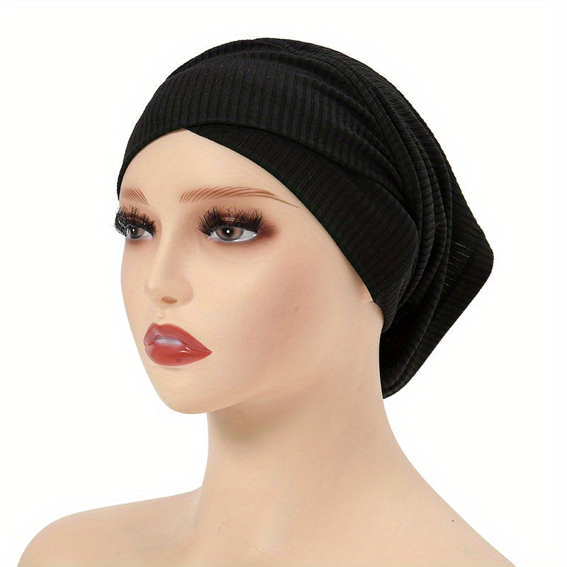 Striped Inner Cap Scarf Solid Turban Cap Casual Hijab