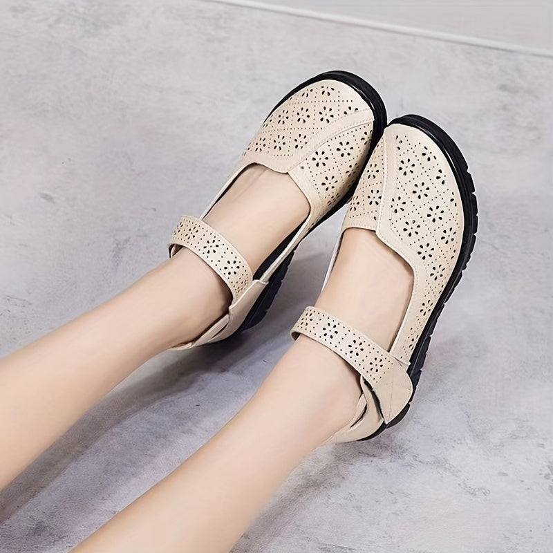 Women's Hollow Out Flat Shoes Breathable Hook & Loop Strap Walking Shoes