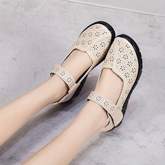Women's Hollow Out Flat Shoes Breathable Hook & Loop Strap Walking Shoes