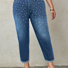Women's Plus Size Washed Rhinestone Straight Leg Jeans