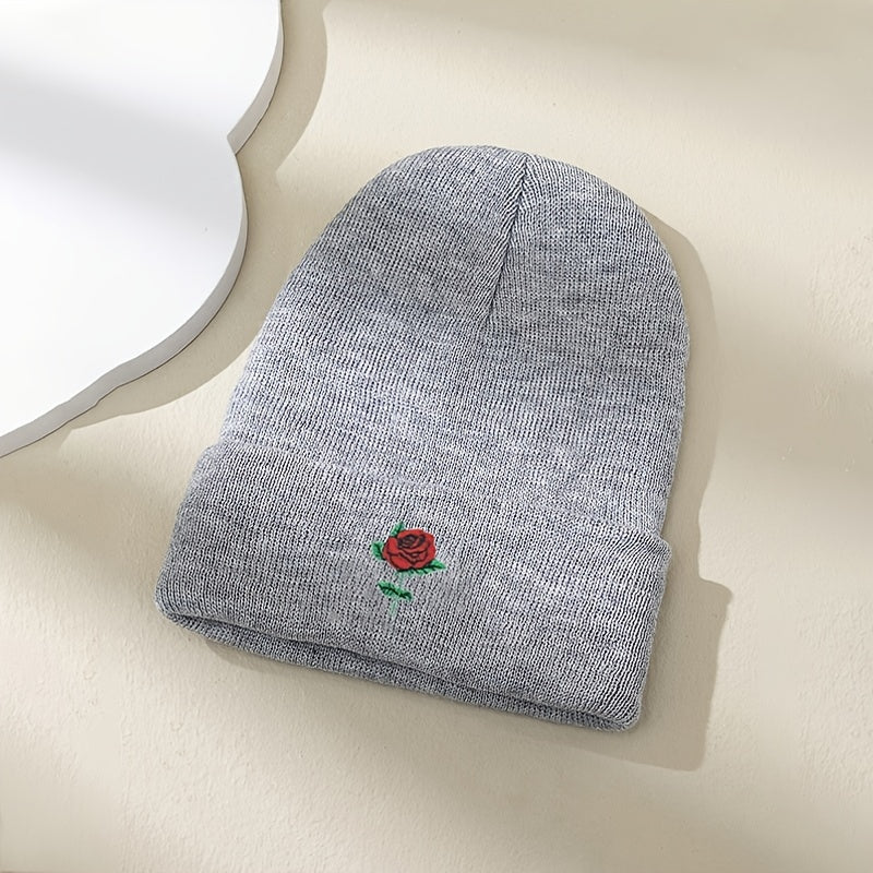 Embroidery Rose Beanies Women Chunky Knit Beanie