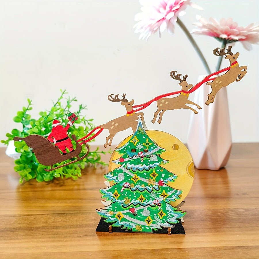 DIY 3D Reindeer & Sleigh Craft Kit Wood Carving Model Santa's