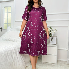 Moon & Star Print Nightdress Short Sleeve Round Neck Sleep Dress
