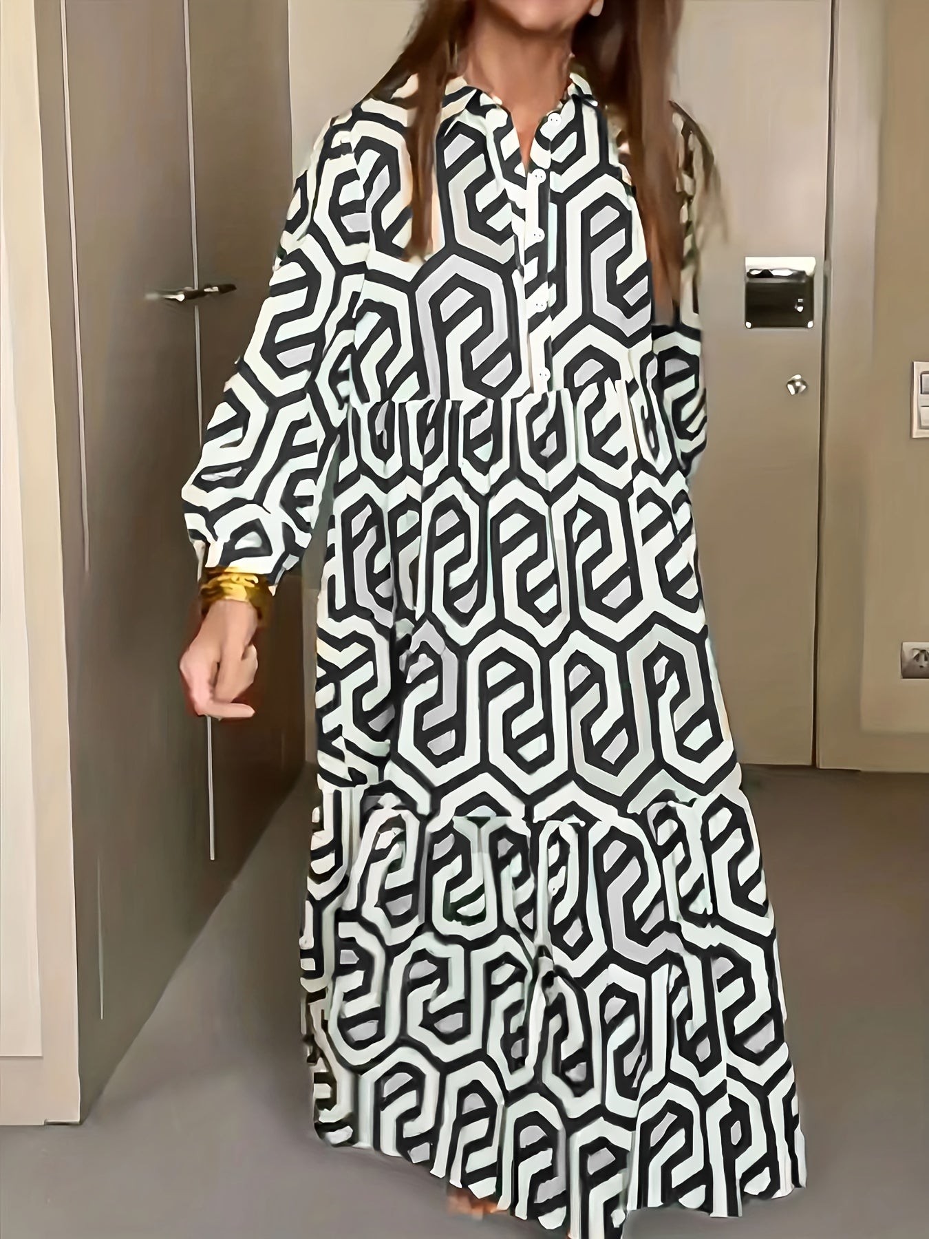 Geo Print Long Sleeve Polo Neck Maxi Shirt Dress