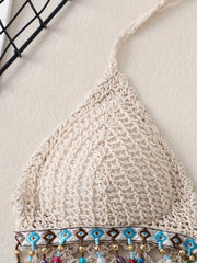 Solid Tassel Halter Top Sleeveless Crop Top Women's Clothing