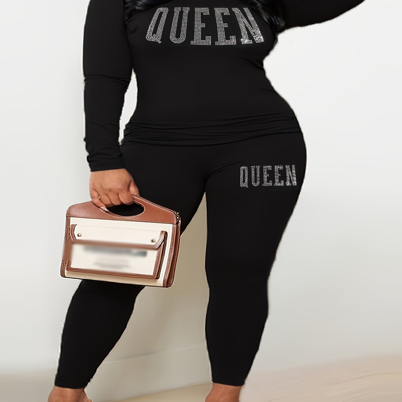 Rhinestone Letter Print Sleeve Crop Top & Leggings Set