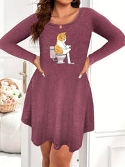 Cat Print Long Sleeve Sleep Dress
