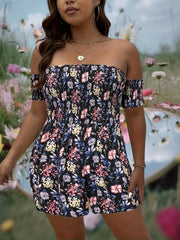 Floral Print Tube Romper Women's Plus Shirred Slight Stretch