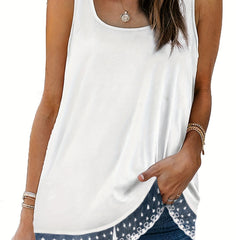 Casual Tank Top Solid Contrast Lace Square Neck Medium Stretch