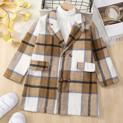 Boys Trench Coat Button Down Blazer Top Plaid Print Gentleman Kids Clothes