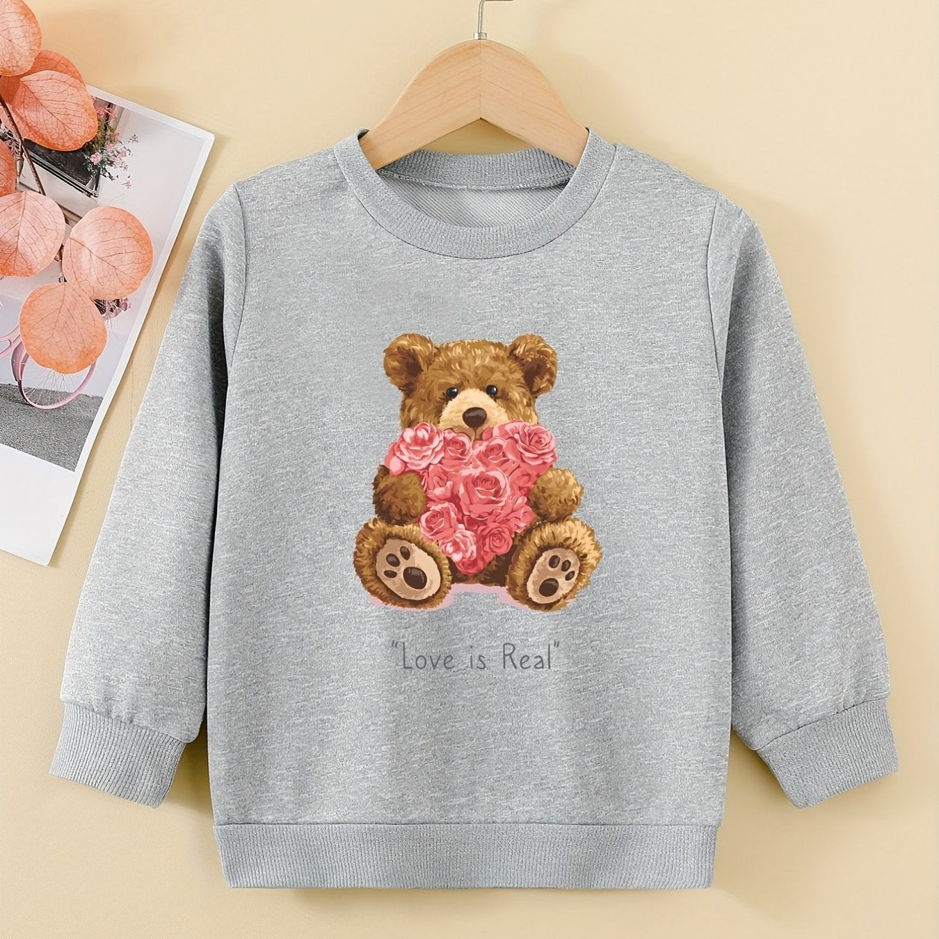 Cartoon Bear And Roses Sweatshirt For Girls Comfy Fit Pullover Tops Youth Kids