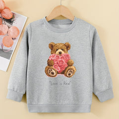 Cartoon Bear And Roses Sweatshirt For Girls Comfy Fit Pullover Tops Youth Kids
