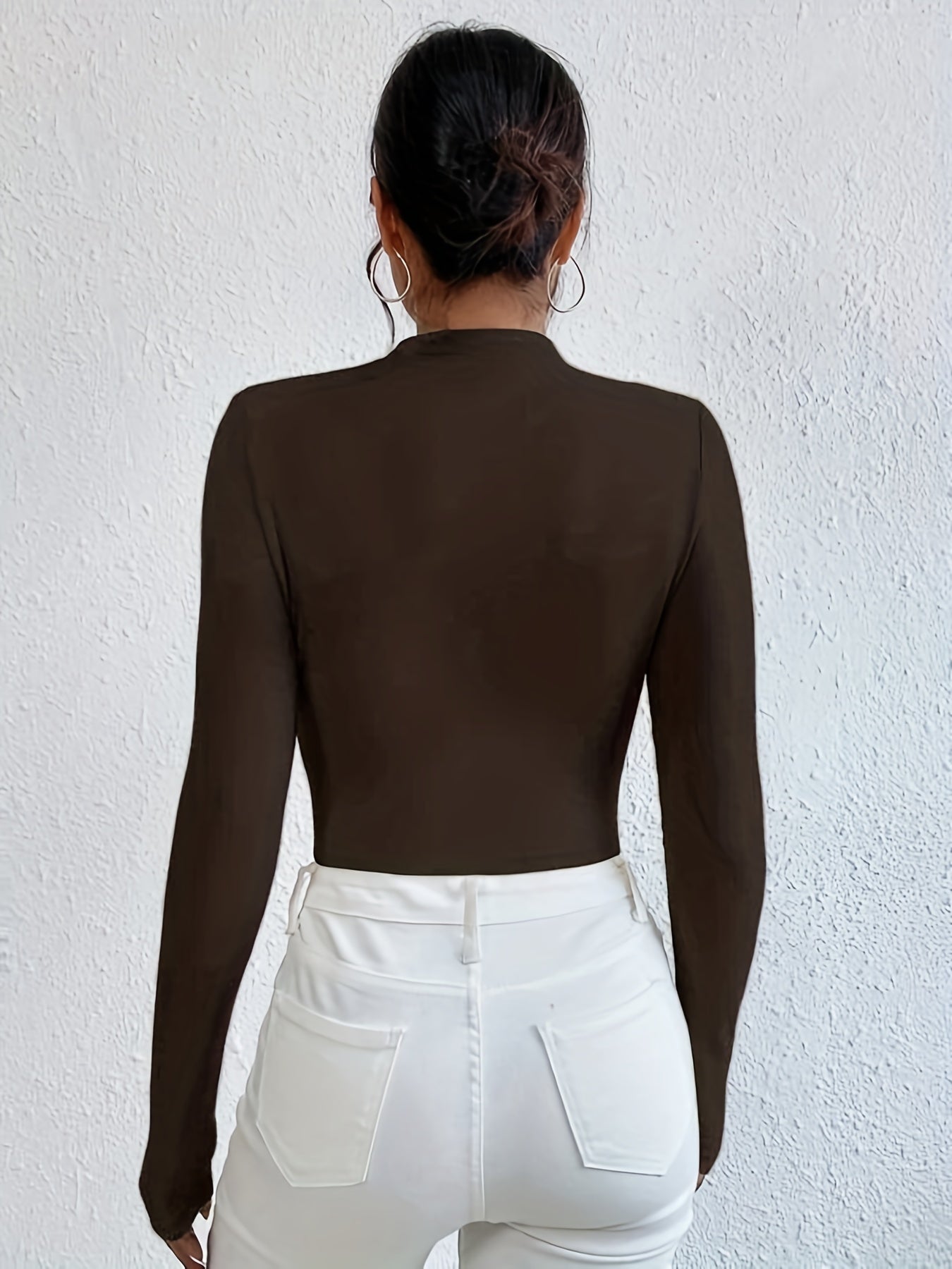 Ruched Bodysuit Mock Neck Long Sleeve Stretchy Solid Skinny One Piece