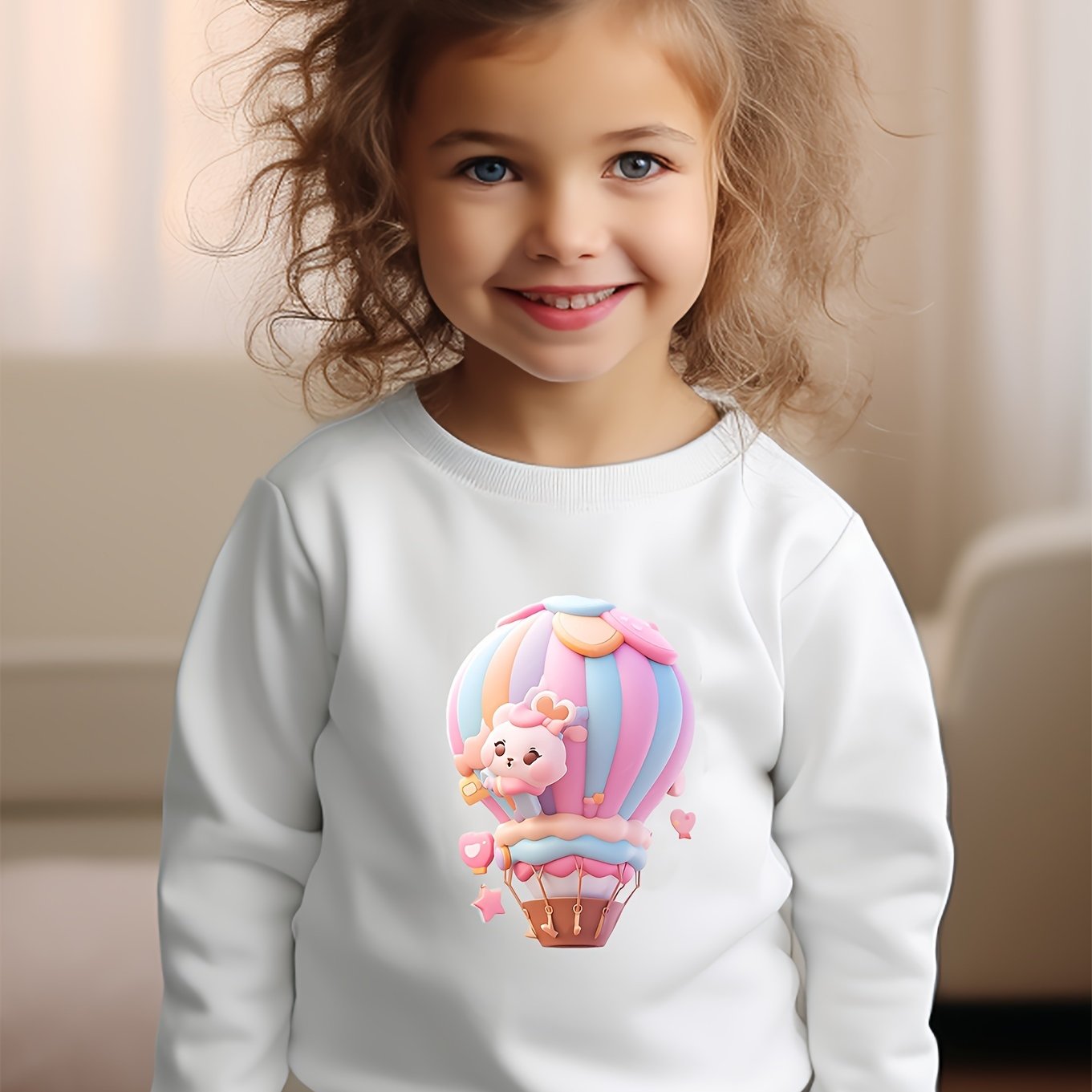 Girls Hot Air Balloon Pattern Crew Neck Sweatshirt