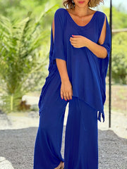 Split Batwing Sleeve V Neck Tunic Top & Wide Leg Pants Outfit Set