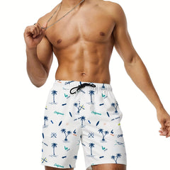 Coconut Pattern Quick Drying Beach Shorts Men's Casual Stretch Waist Drawstring