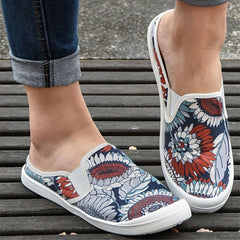 Women's Floral Print Flat Mules Closed Toe Slip On Canvas Shoes