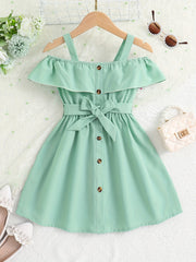 Toddler Girls Ruffle Trim Cold Shoulder Dress For Party Beach Vacation