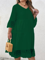Casual Dress Women's Plus Lace Sleeve V Neck Smock Dress