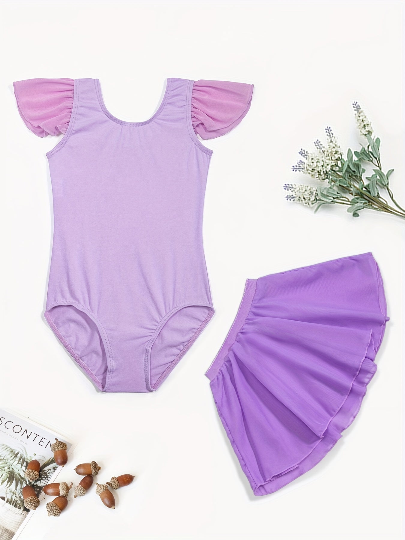 Girls Dance Dress Gymnastics Suit Crew Neck Fly Sleeve Bodysuit
