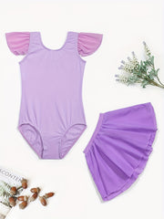 Girls Dance Dress Gymnastics Suit Crew Neck Fly Sleeve Bodysuit