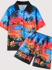 Boys Hawaii Coconut Tree Print Shirt&Shorts Set