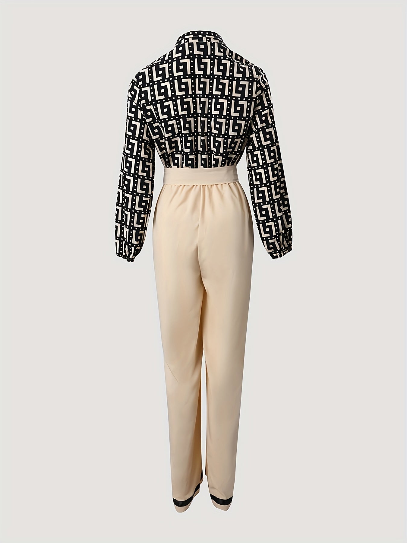 Geometric Print Wide Leg Jumpsuit Lace Up Long Sleeve