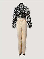 Geometric Print Wide Leg Jumpsuit Lace Up Long Sleeve