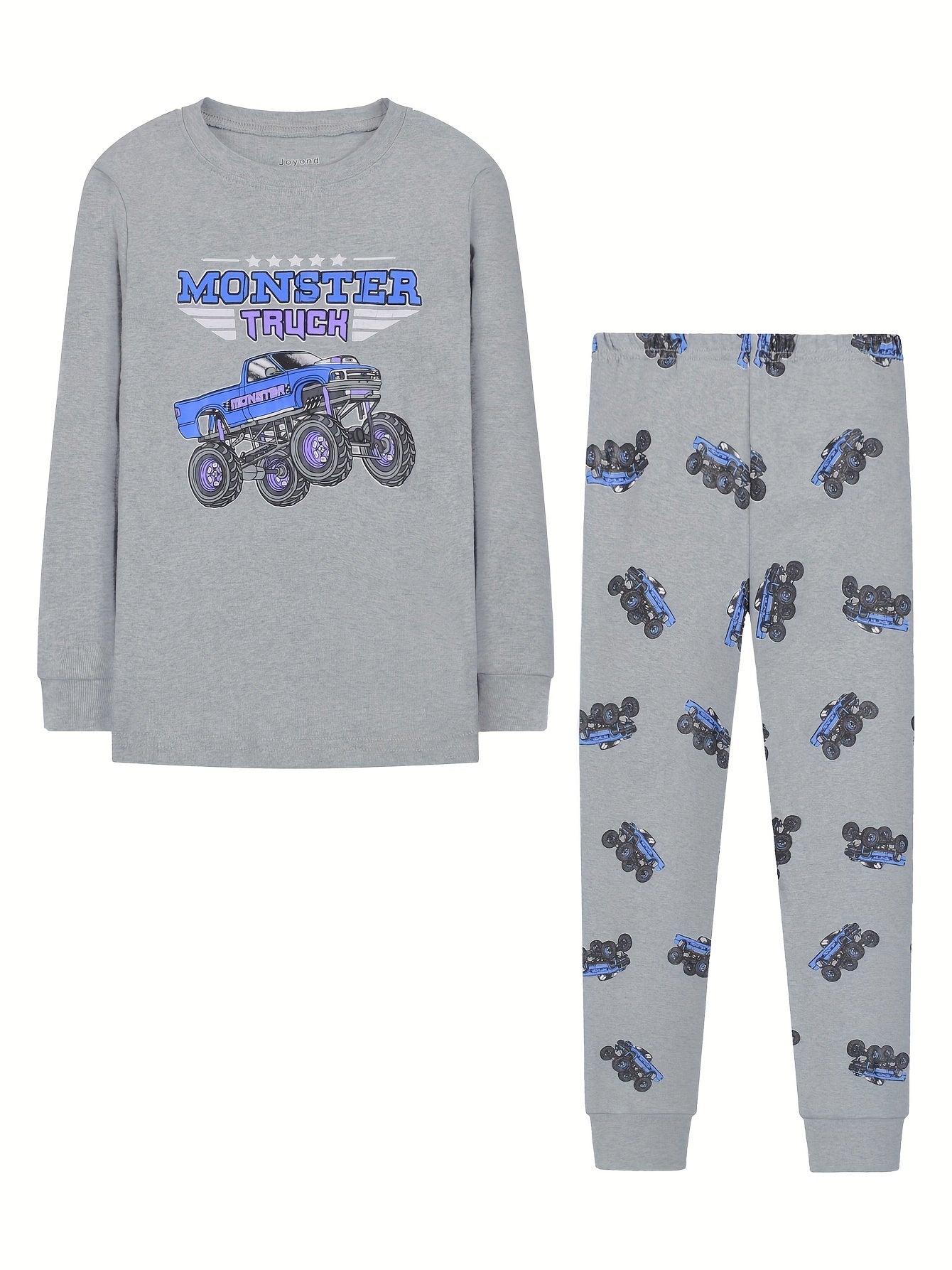 Kid's MONSTER TRUCK Print Pajama Set Long Sleeve Top & Pants