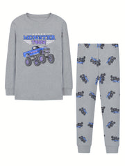 Kid's MONSTER TRUCK Print Pajama Set Long Sleeve Top & Pants