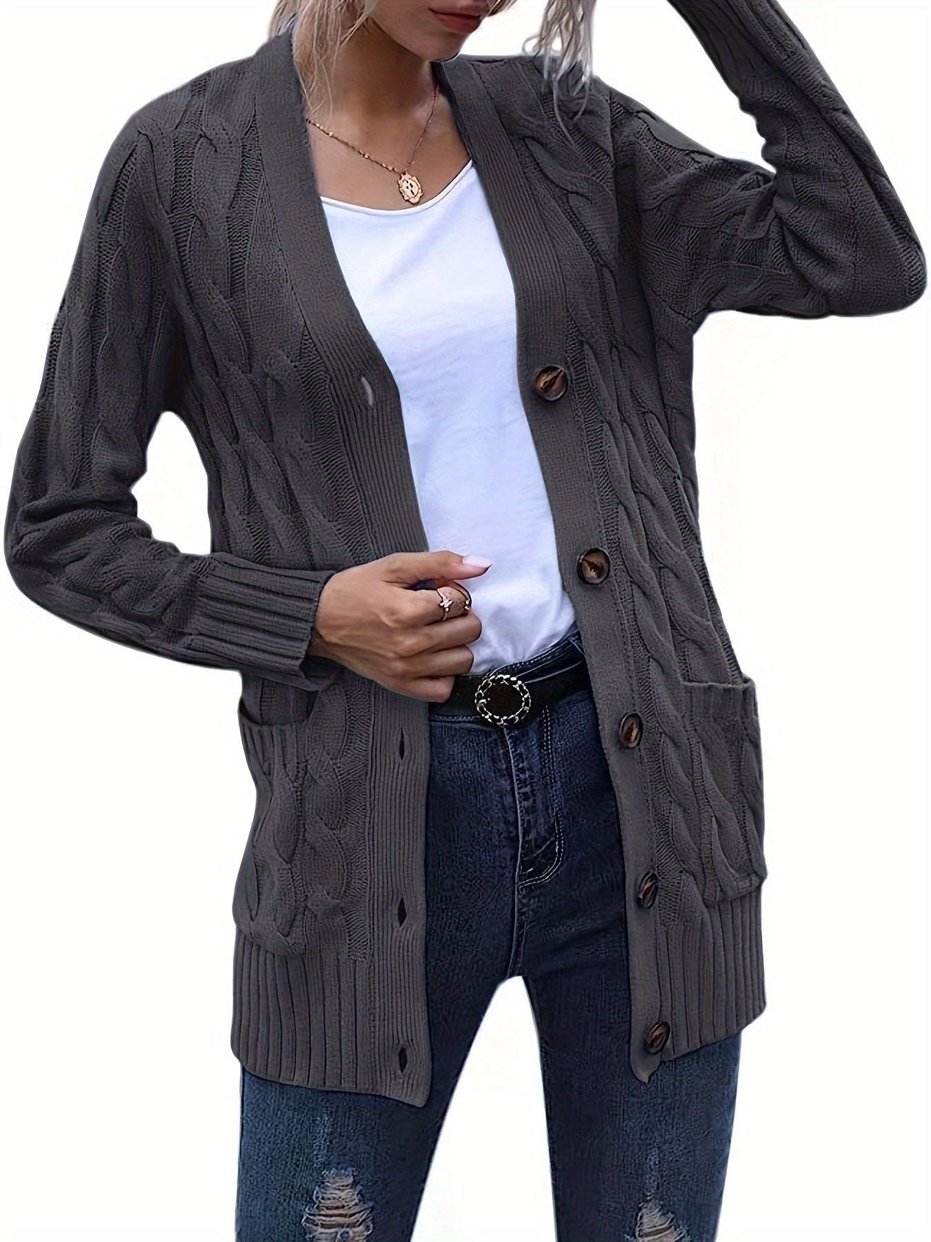 Cable Knit Button Up Cardigan with Pockets