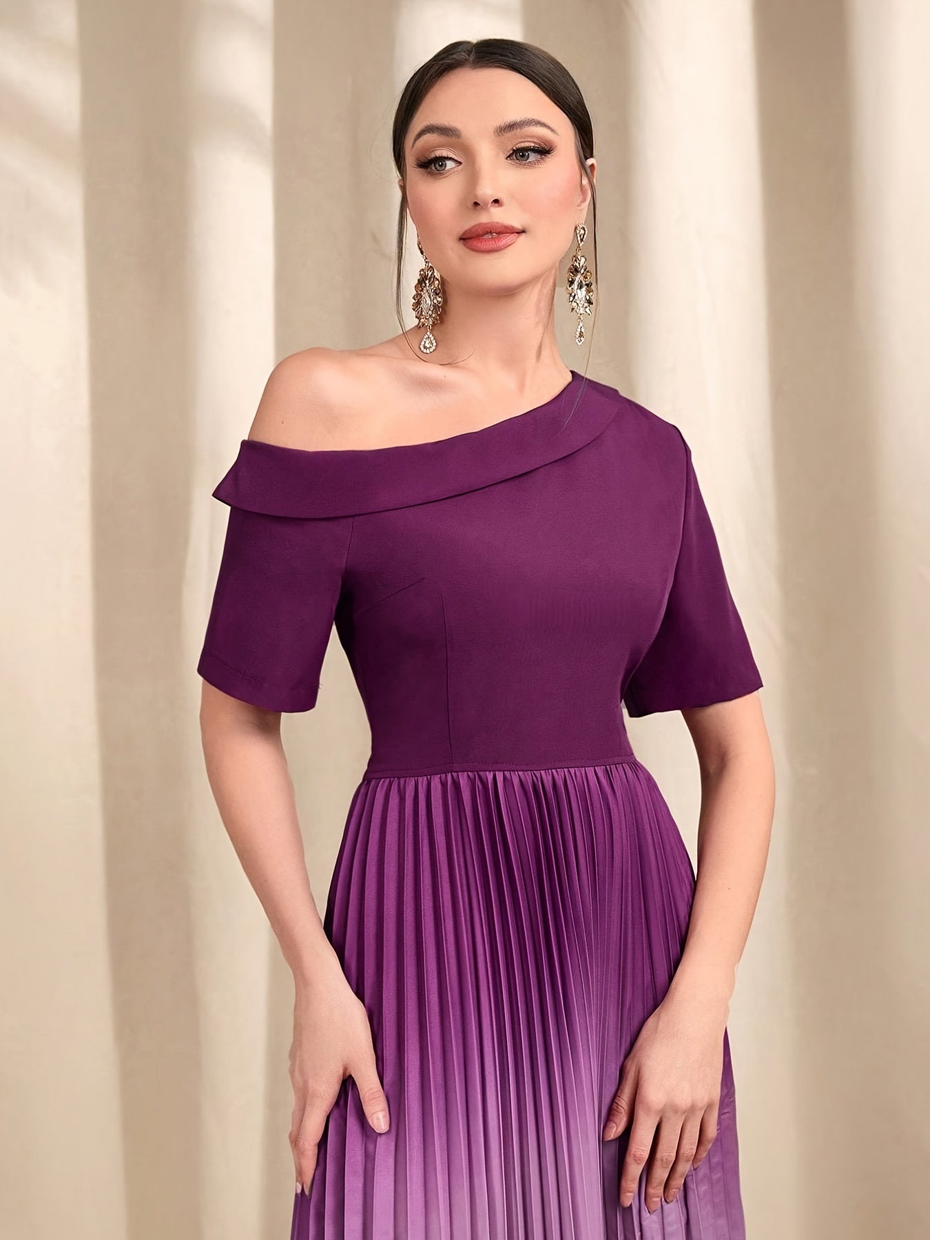 Ombre One Shoulder Pleated Dress Short Sleeve Dress For Banquet