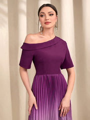 Ombre One Shoulder Pleated Dress Short Sleeve Dress For Banquet