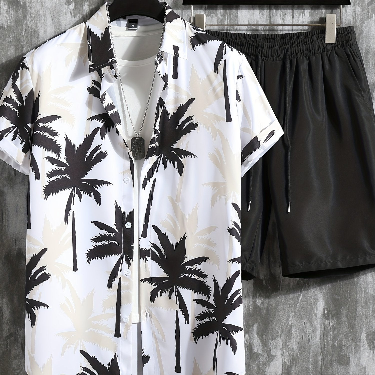 Coconut Tree Print Men's 2Pcs Casual Hawaiian Shirt & Shorts Set