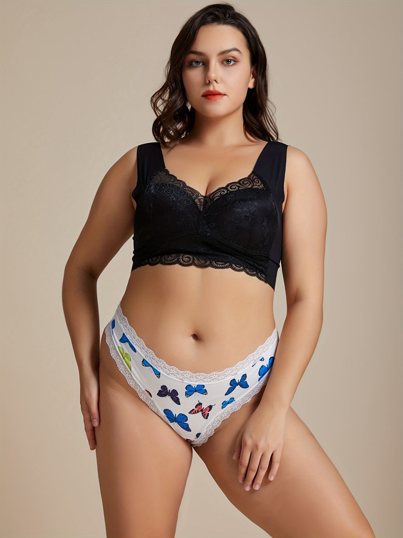 Casual Butterfly Print Lace Trim Stretch Underwear