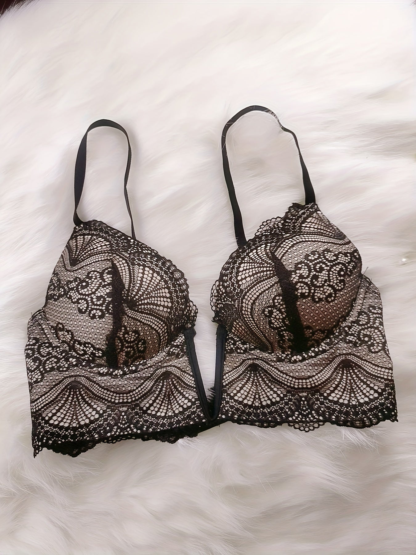Floral Lace Plunge Bra with Scallop Trim