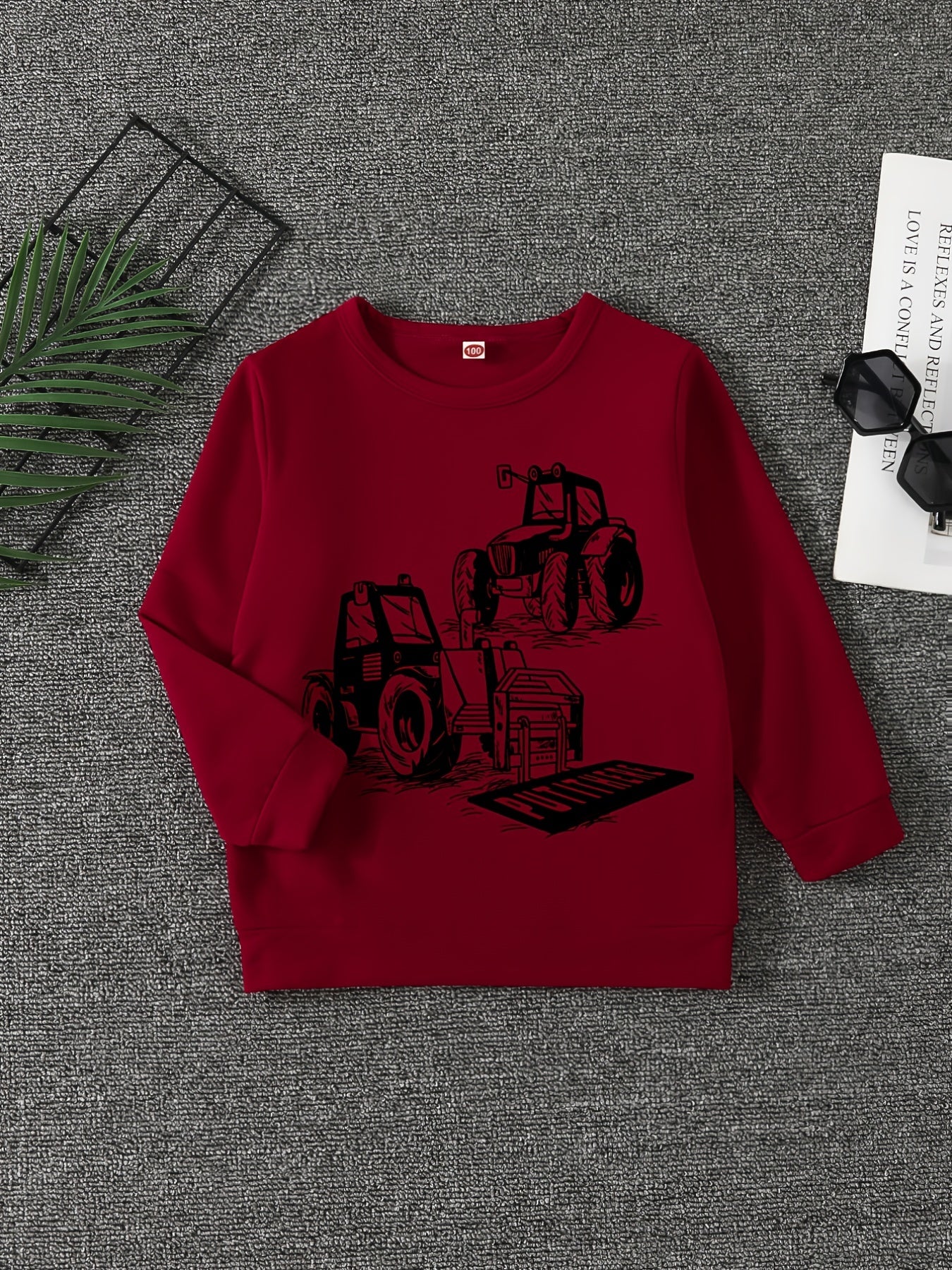 Excavator Print Boys Casual Pullover Sweatshirt Long Sleeve Crew Neck Tops