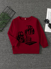 Excavator Print Boys Casual Pullover Sweatshirt Long Sleeve Crew Neck Tops