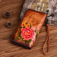 Floral Embossed Leather Wristlet Wallet for Women Zippered Clutch