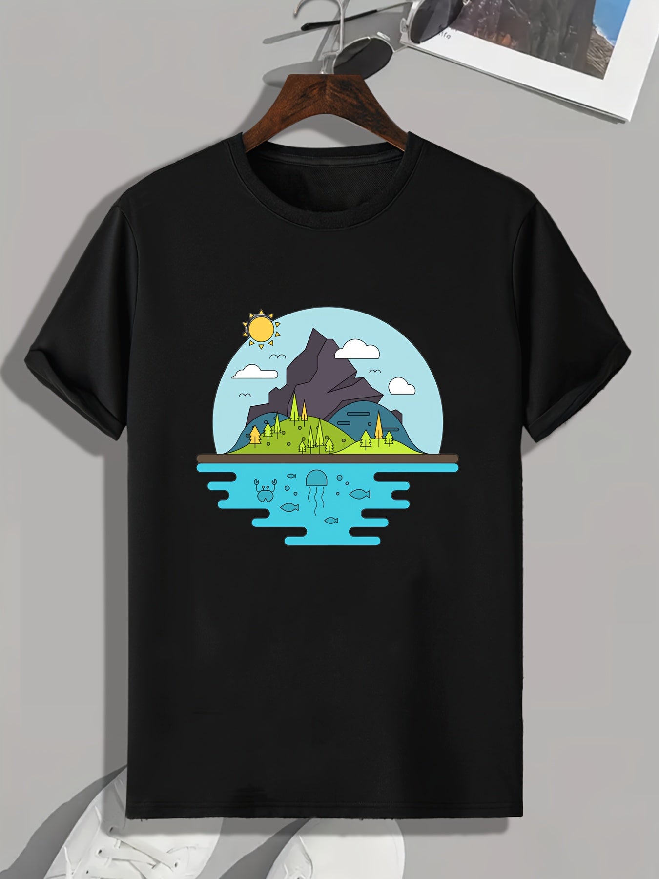Mountain Lake Print Men's Graphic T-shirt for Summer