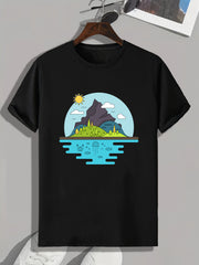Mountain Lake Print Men's Graphic T-shirt for Summer