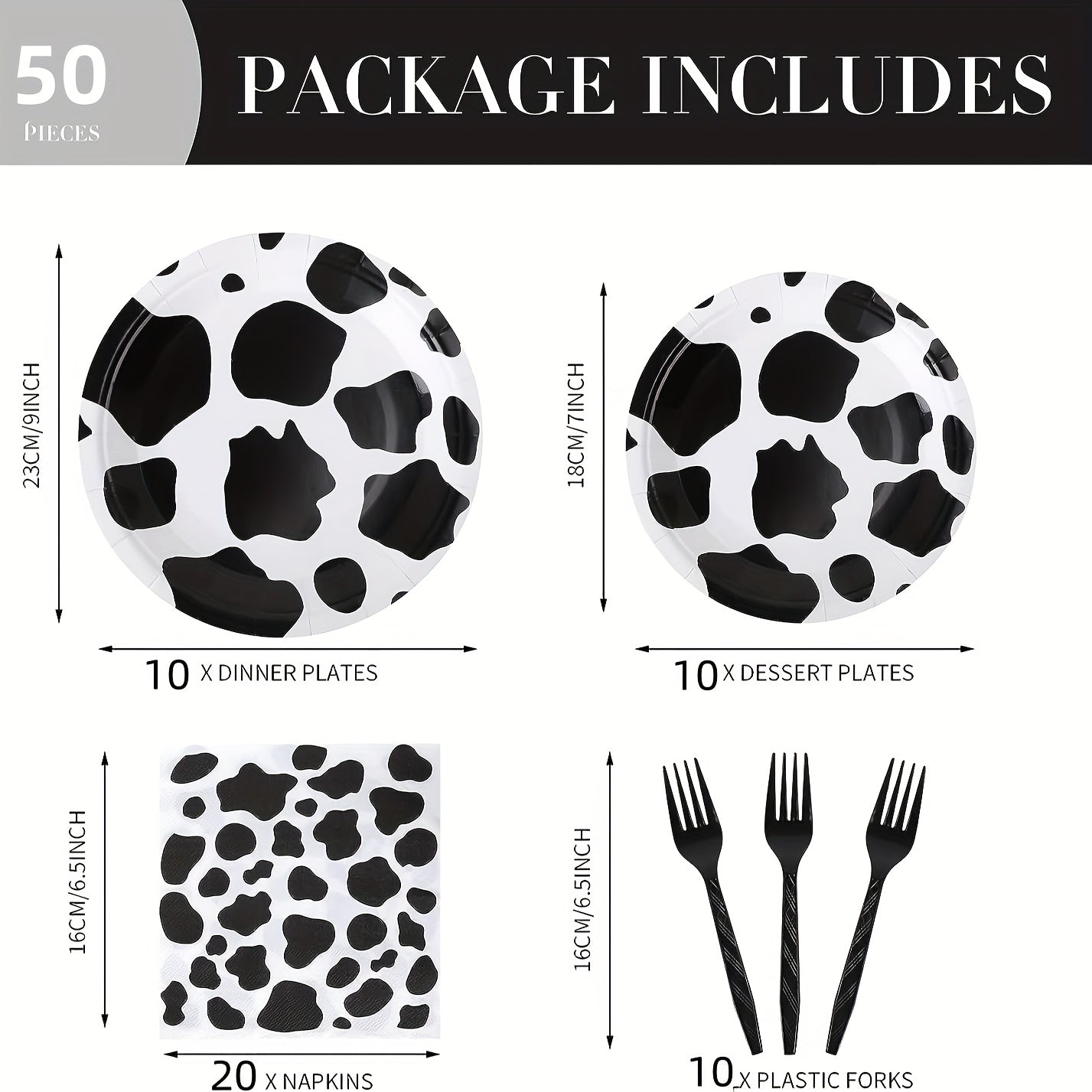 50pcs Cow Print Party Supplies Disposable Dinnerware